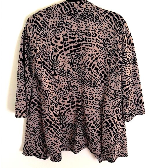 Calvin Klein Leopard Print Drape Jacket Cardigan Sweater Ruffle Black Tan Sz 14 - Picture 3 of 5